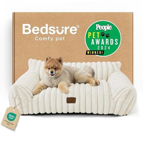 Bedsure ComfyFleece® Shown on TV Fluffy Cute Dog Couch for Pets,30in Cream | Small & Medium Dog Bed Washable Cover,Supportive Couch Bed for Small Dogs,Pet Sofa Seen on Good Day New York,Up to 20 Lbs - Image 1
