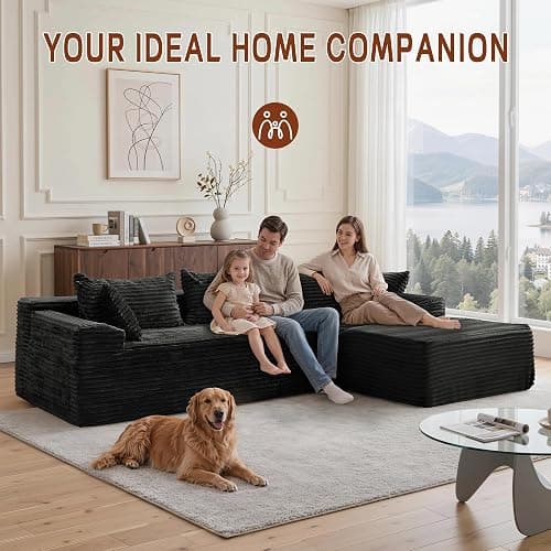 Korser 108" L-Shaped Modular Sectional Sofa with Chaise, Boneless Comfy Corduroy Fluffy Couch with Deep Seat and Side Pockets, Flexible Module Combination for Living Room, No Assembly, Side Pockets thumbnail 5