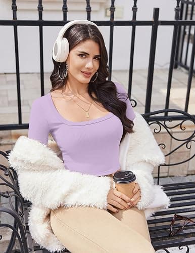 Ekouaer Womens Long Sleeve Square Neck Crop Top Ribbed Slim Fitted Going Out Y2K Tops Casual Basic Shirts Tee thumbnail 5