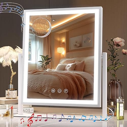 Hasipu Vanity Mirror with Lights, 12" x 14" LED Makeup Mirror, Light up Mirror with 10X Magnification and Phone Holder, USB Charging Port, Smart Touch 3 Colors Dimmable, 360° Rotation (White) - 12"L x 14"W