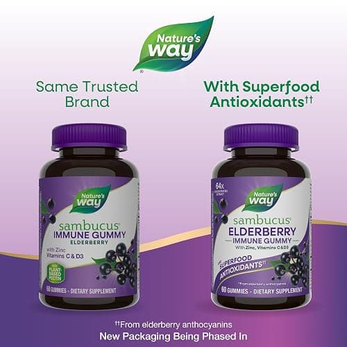 Nature’s Way Sambucus Elderberry Immune Support Gummies for Kids & Adults* with Black Elderberry Extract, Vitamin C, Vitamin D3, and Zinc, 60 Gummies (Packaging May Vary) thumbnail 2