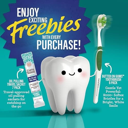 GuruNanda Total Smile Makeover Kit Regular with Cocomint Oil Pulling, Dual Barrel Whitening Mouthwash, Whitening Strips & Butter on Gums Toothbrushes thumbnail 6