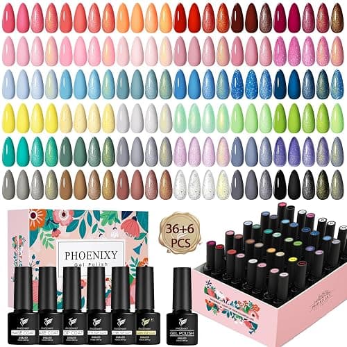 Phoenixy Gel Nail Polish Set, 42PCS Gel Nail Polish | 36 Colors Gel Nail Varnish, 6 Glossy Matte Glitter Golden Base Top Coat, Summer Spring Gel Polish Set Gift for Women - Image 1