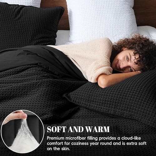 PHF Ultra Soft Waffle Weave Comforter Set King Size, 3 Pieces Lightweight Breathable Comfy Bedding Set, Comfy Textured 1 Comforter with 2 Pillow Shams, Black thumbnail 2