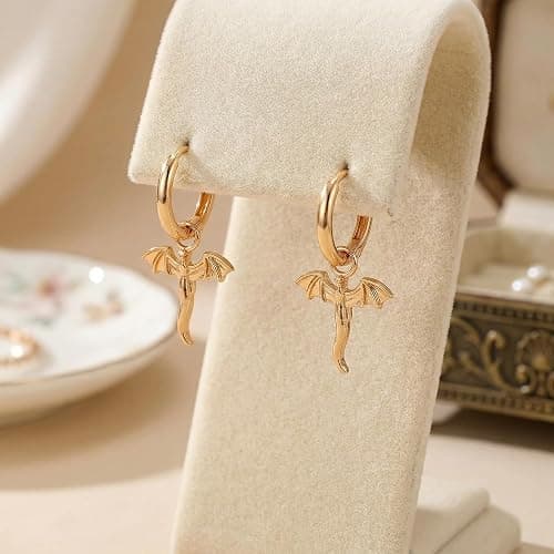 Gold Tiny Dragon Huggie Small Hoop Earrings with Charm, Personalized Animal Drop Dangle Jewelry for Women, Minimalist Gothic Punk Style Accessory and Birthday Present thumbnail 4