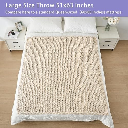 Bigacogo Chunky Knit Throw Blanket for Couch, 51x63 inches, 100% Hand Knitted with Thick Jumbo Chenille Yarn, Cozy Soft Large Rope Knot Cable Crochet Blankets for Sofa Bed Living Room, Beige thumbnail 5