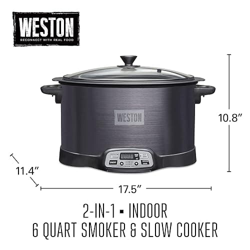WESTON BRANDS 2-in-1 Indoor Electric Smoker & Programmable Slow Cooker, 6 Quart, With 3-Tier Smoking Rack for Meat, Cheese and More, Dishwasher Safe Crock, Temperature Probe, Black (03-2500-W) thumbnail 2