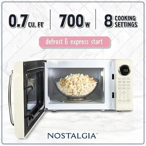 Nostalgia Retro 700W Microwave Oven 0.7 Cu Ft Capacity – Child Safety Lock, 8 Auto-Cook Settings – Countertop Kitchen Appliance – Ivory thumbnail 4