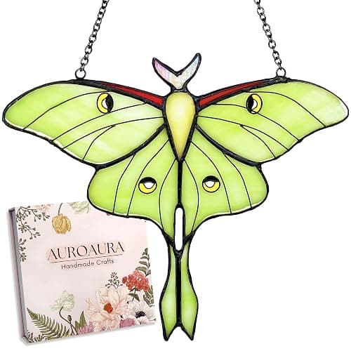 AuroAura Green Luna Moth Stained Glass Window Hanging - Handmade Real Glass Suncatcher for Women, Mom, Grandma - Elegant Green Butterfly Gifts Box Home Decor (H5.8xW7.3 Inch) - Image 1
