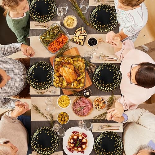 75PCS Paper Plates and Napkins Set - Black and Gold Dot Disposable Party Dinnerware Includes Paper Plates, Napkins, Forks Decorations for 2025 Graduations, Birthdays and Weddings, Serves 25 - 7inch - Black Gold Dot thumbnail 7