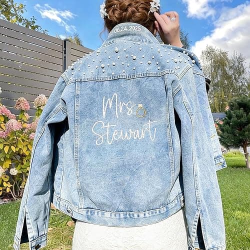 Noni Personalized Embroidered Bride Denim Jacket, Future Mrs Jean Jacket With Pearls, Wedding gifts for Bride thumbnail 4