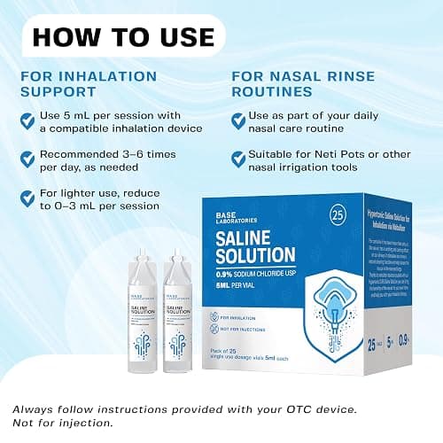 BASE LABORATORIES 0.9% Saline Solution for Nebulizer Machine | Saline Solution for Inhalation & Nasal Irrigation | 0.9% Concentration l 25 Vials 5ml Unit Dose thumbnail 9