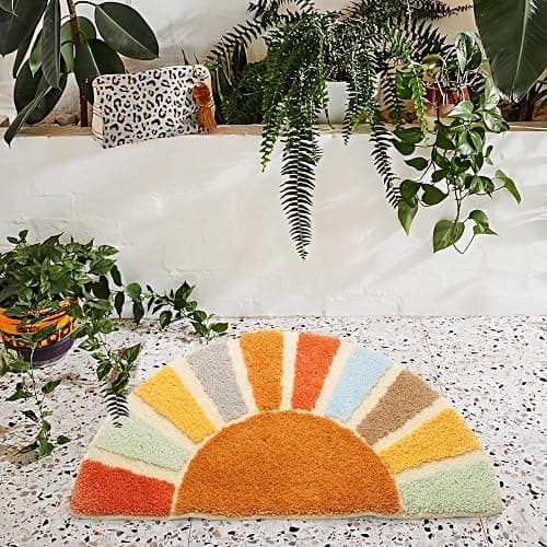 DyeFury Sunrise Boho Bathroom Rugs,Half Circle Bath Mat Cute,Sun Bath Mats,Retro Bohemian Home Bathroom Decor,Small Colorful Fun Semi Round Shower Rug Non-Slip,Funny Washable Rug Bedroom 33"x18" thumbnail 3