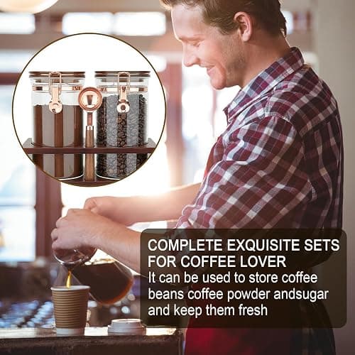 SIQOLNY Glass Coffee Container with Wooden Shelf, 2 x 40 FLOZ Coffee Bean Storage with Sealed Closure Clips and Copper Spoon, Kitchen Large Capacity Food Storage Jar, Ground Coffee Container thumbnail 7