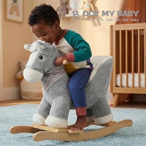 Rock My Baby Rocking Gray Horse with Chair, Plush Stuffed Rocking Pony with Realistic Sound, Baby Rocker Animal for Toddlers 1-3 Ride on,CPC Certified thumbnail 2