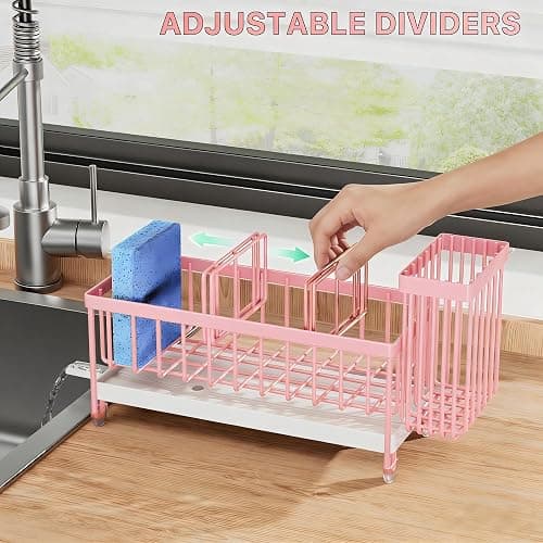 Cisily Sponge Holder for Kitchen Sink, Sink Caddy Organizer with High Brush Holder, Kitchen Countertop Organizers and Storage Essentials, Rustproof 304 Stainless Steel (Pink, 9.25″) thumbnail 4