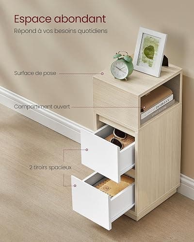 VASAGLE Kailyn Collection - Table de Chevet Étroite, Table d’Appoint, 2 Tiroirs et Compartiment Ouvert, Montage à Gauche ou à Droite, Chambre, Salon, Beige Naturel et Blanc Nuage LET656N01 - 1 - Beige Naturel + Blanc Nuage thumbnail 5