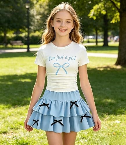 FJLSJSW Teenage Girls Skirt Set 2 Piece Short Sleeve Top Shirred Tiered Skirt Outfit Skirt for Teen Girls 7-13 Years thumbnail 4