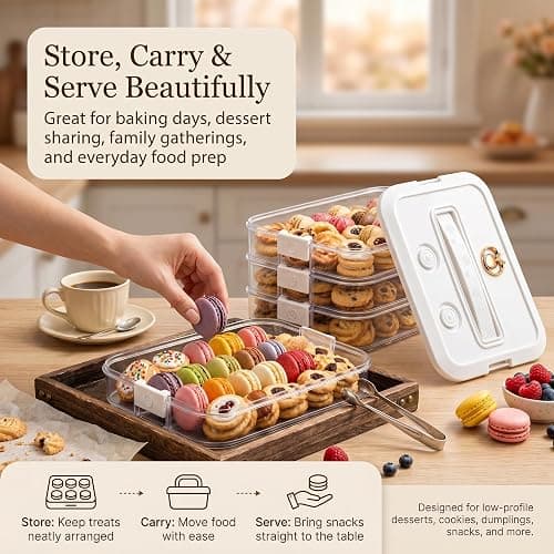 LOEZ Cookie Carrier, 4-Tier Cookie Storage Container with Lid, Blue | 1.41-in clearance per tier for brownies, crackers and dumplings. BPA-free PP; dishwasher and microwave safe thumbnail 8