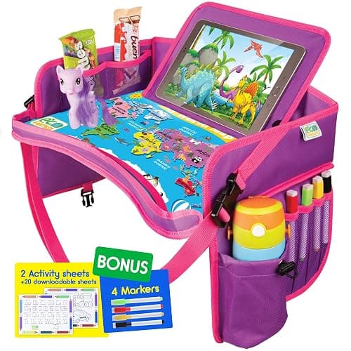ECOFANTASY Kids Travel Tray - Waterproof Lap Table with No-Drop Large Tablet Holder - Car Seat Tray - Road Trip Essentials Kids - Car Desk Organizer for Airplane - Toddler Travel Essentials (Pink) - Image 1