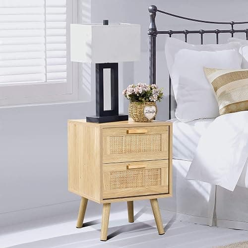 Finnhomy Nightstands Set of 2, Night Stands Set 2 with Hand Made Rattan Decorated Drawers, Nightstand, End Table, Bedside Tables Set of 2 for Bedroom, Natural, 2 Pack thumbnail 8