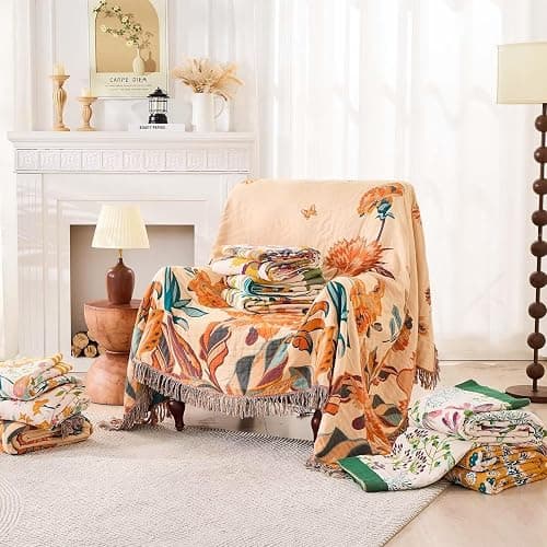 XIBLC Boho Throw Blanket for Bed, 100% Cotton Soft Rustic Quilt Fall Blanket, 60"x80" Floral Printed Farmhouse Decor Bed Blankets, All Season Rustic Reversible Bohemian Throw Quilt thumbnail 7