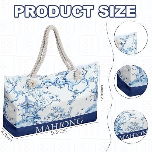 Sunnymove Empty Mahjong Bags Set for Tiles and Racks 24x13x4.7 Inch American Mahjong Carrying Bag Tote Tiles Bag Drawstring Protective Sleeve for Rack Pusher Party Travel, Case Only (Blue Chinoiserie) thumbnail 3