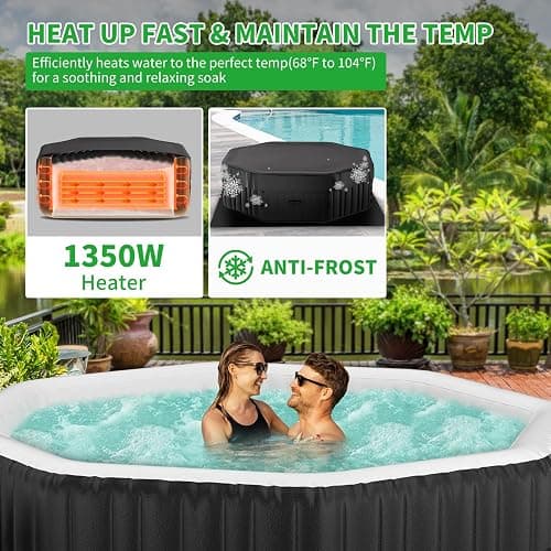 4-6 Person Inflatable Hot Tub, Polygon Portable Blow Up Hot Tub, Leak-Proof PVC Outdoor Spa with 130 Strong Air Jets, Heater Pump and Insulated Cover, 77” X 77”X 25” thumbnail 4