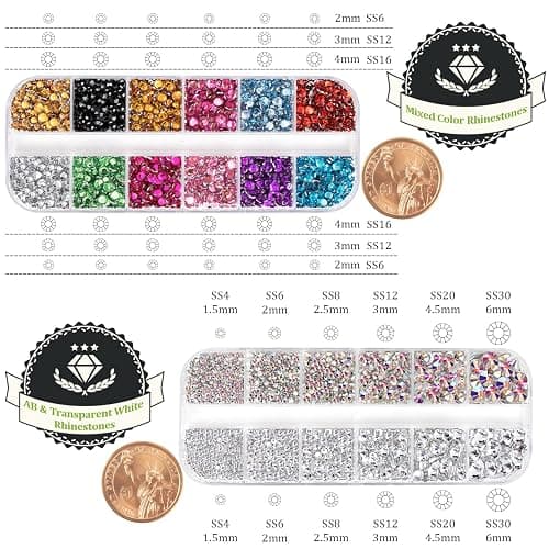 Two Packs of Flatback Rhinestones 4520 Pcs Crystal, Colorful Rhinestones for Nails, Multicolored+ AB+Transparent White Gems with Picker Tools for Bedazzling Nail Crafting Face Makeup thumbnail 4