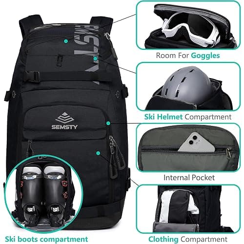 SEMSTY Ski Boot Bag, 55L/70L Waterproof Ski and Snowboard Boots Travel Backpack for Skis, Snowboard, Ski Helmet, Goggles, Gloves & Accessories thumbnail 3