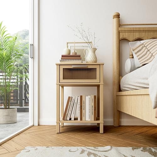 Nightstand Wooden Bedside Table with Drawer Natural Wood Night Stands Modern Style Small End Table Side Table with Storage Shelf for Bedroom Living Room MLBZ10YEV thumbnail 7