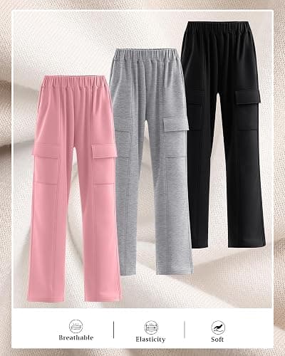 Neer 3 Pack Womens Pants with Cargo Pockets Casual High Waisted Baggy Wide Straight Leg Sweatpants Lounge Joggers Trousers thumbnail 4