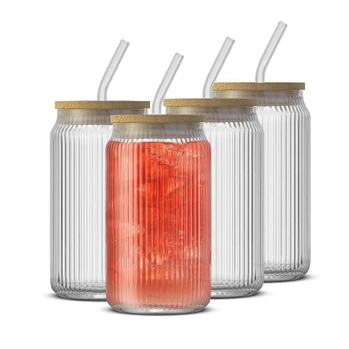 JoyJolt Fluted Glass Tumblers with Bamboo Lids and Glass Straws, Ribbed Can Shaped Drinking Glasses Set of 4, 16oz Cup with Lids and Straws, Iced Coffee Cups, Cocktail/Beer Glasses, Tea Cups - Image 1