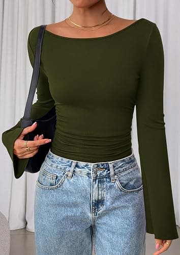 PRETTYGARDEN Women's Long Sleeve Shirts 2025 Fall Crop Going Out Tops Casual Boat Neck Bell Sleeve Ribbed Ruched Y2K Clothes thumbnail 4