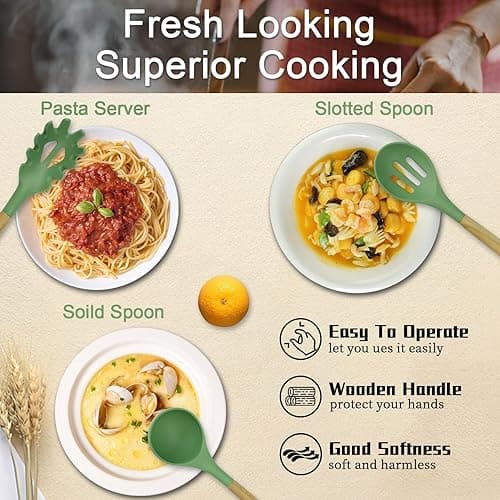 MYKUJA Silicone Cooking Utensils Set, Heat Resistant Kitchen Utensils Set, Spatula,Turner Tongs,Spoon,Brush,Whisk, Cooking Kitchen Utensils Spatula Set, Nonstick Cookware（sage green） - Sage Green thumbnail 4
