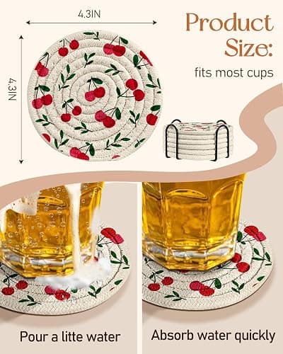Kokaaee Cup Coasters for Drinks Absorbent - for Coffee Wooden Table Office Cute Farmhouse Outdoor Rustic Desk Kawaii Woven Women Kid Soft Cloth Braided Fabric Girly Cherry Coaster Set of 6 with Holder thumbnail 3