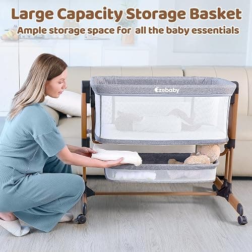 Ezebaby 3-in-1 Baby Bassinet, Rocking Baby Bassinets Bedside Sleeper, Adjustable Portable Crib for Newborn Infant with Wheels Storage Basket and Mesh Sides thumbnail 6