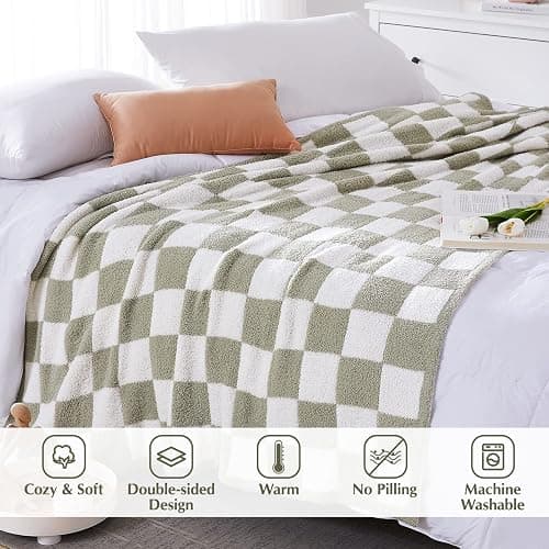 WRENSONGE Checkered Throw Blanket, Sage Green Soft Cozy Fluffy Hand Made Throw Blankets for Couch, Sofa, Chair, Bed, Camping, Picnic, Travel Lightweight Bed Blankets for Women Mothers Birthday Gifts thumbnail 6