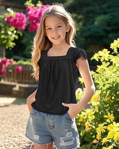 KEREDA Girls Short Sleeve Shirts Summer Tunic Tops Lace Openwork Ruffled Girls Cute Square Neck Clothes Blouse 5-14 Years thumbnail 6