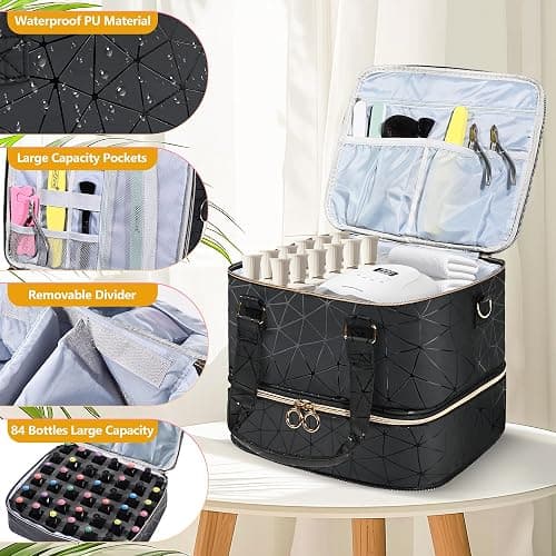 YUYAFN Large Nail Polish Organizer Bag Holds 84 Bottles Nail Polish and a Nail Lamp, PU Leather Nail Kit Storage Carrying Case, Removable Portable Travel Nail Art Tool Storage thumbnail 2