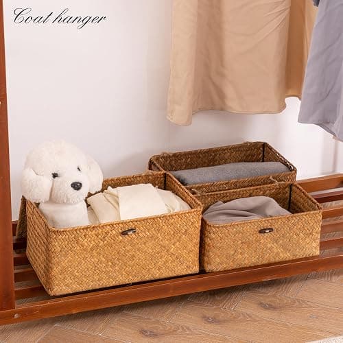 Nonam Storage Basket with Lid, Natural Seagrass Bin with Lid Set of 3, Shelf Baskets Multipurpose Container for Boho Decoration, Rectangular Household Storage Boxes for Home Organization thumbnail 7
