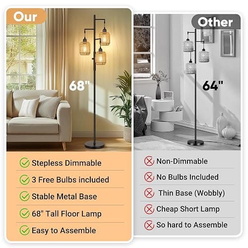 ROTTOGOON Dimmable Boho Floor Lamp - 3 Light Farmhouse Rattan Floor Lamp for Living Room, Industrial Tree Floor Lamps with 3 X 6W LED Bulbs, Rustic Standing Tall Lamp for Bedroom, Office, 68", Black thumbnail 4
