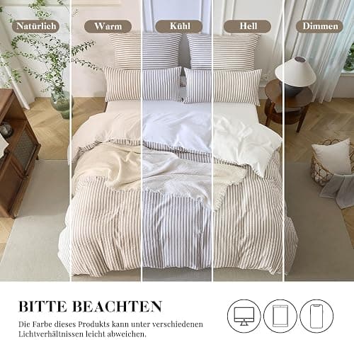 SOULFUL Bettwäsche 220x240 Baumwolle Gestreift, Jacquard Gewaschene Baumwolle Boho Bettwäsche-Sets Ästhetisches Kontrastdesign mit Reißverschluss-Braun thumbnail 6
