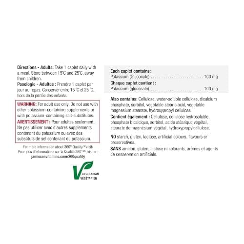 Jamieson Extra Strength Potassium 100 mg Timed Release, Supports Muscle and Nerve Function, Electrolyte Support, and Helps Prevent Potassium Deficiency. Vegetarian, Gluten-Free, 100 Caplets, Proudly Canadian thumbnail 2