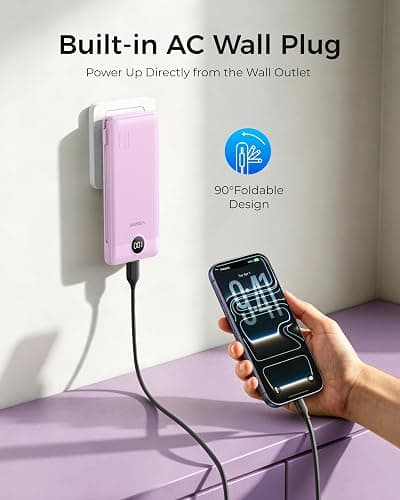 VEGER Portable Charger Power Bank with Built-in AC Plug and Cables, All in One 10000mAh Ultra Slim Travel Essentials, Fast Charging Battery Pack Compatible with iPhone, Samsung, Android, Purple thumbnail 2