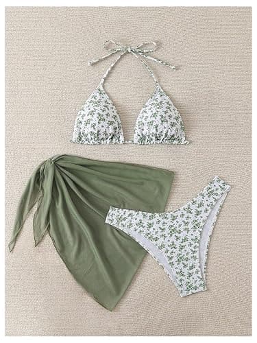 SHENHE Women's 3 Piece Polka Dots Floral Bikini Set with Wrap Coverup Halter Triangle Swimsuits thumbnail 5