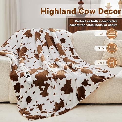 RUJIPO Cow Print Heated Electric Blanket Twin Size,62X84 Brown Heating Blanket with 10 Heats Levels & 8 Hours Auto Off,Highland Cow Fleece Sherpa Blankets Warmer Gifts for Women Adults Couch,Washable thumbnail 4