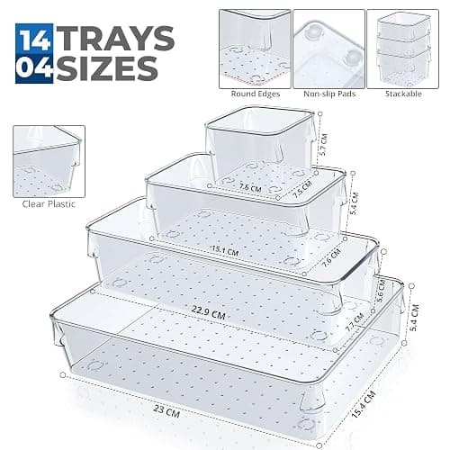 SMAZIUL 14 Pcs Clear Drawer Organiser with 4 sizes Desk Organizer ideal for organizing, cosmetics, makeup, jewelry, office supplies, bathroom accessories & much more thumbnail 2