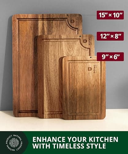 ROYAL CRAFT WOOD Acacia Wood Cutting Boards Set of 3 – Premium Wooden Cutting Boards for Kitchen Meal Prep & Serving - Charcuterie & Chopping Butcher Block for Meat with Deep Juice Groove Side Handles thumbnail 5