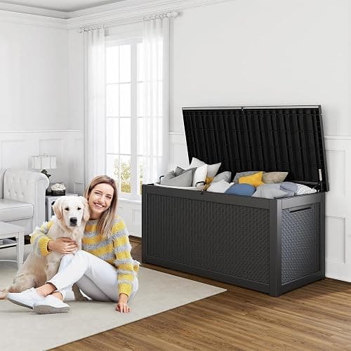 PatioZen 320 Gallon Resin Deck Box, Lockable Patio Outdoor Storage Box for Furniture, Garden Tools and Tools Storage, Waterproof Outside Storage Boxes - Black thumbnail 2